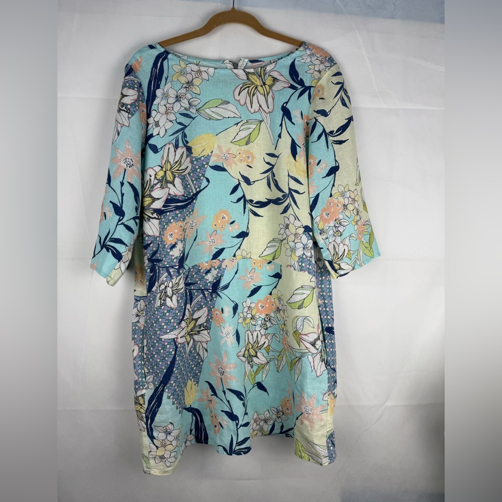 Malvin I Love Linen Shift Dress Pastels Floral Spring Summer w Pockets L/10